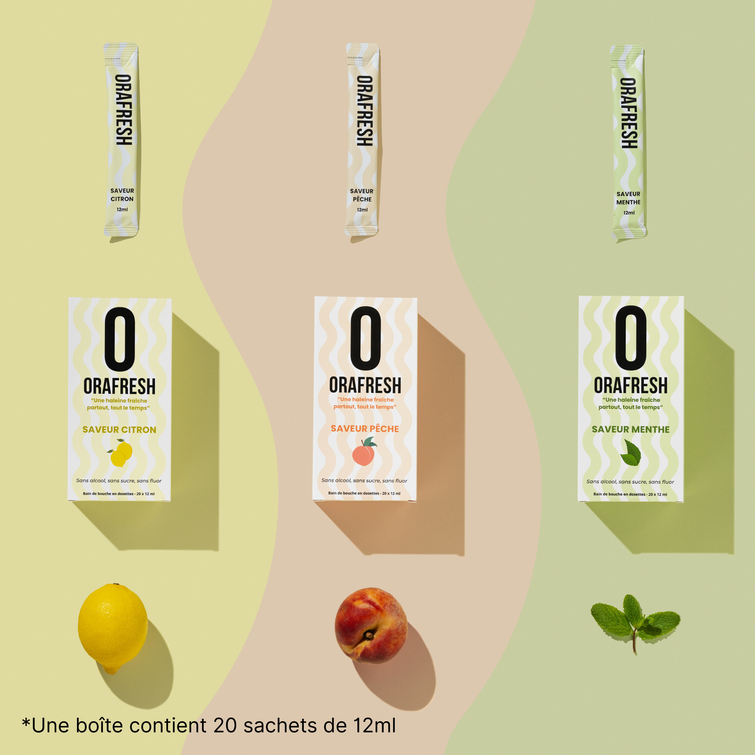 Boîtes et sachets de bain de bouche 12 ml en 3 saveurs : citron, pêche et menthe. Format nomade sans alcool ni sucre.