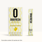 Boîte et sachet de bain de bouche saveur citron 12 ml, formule sans alcool ni sucre.