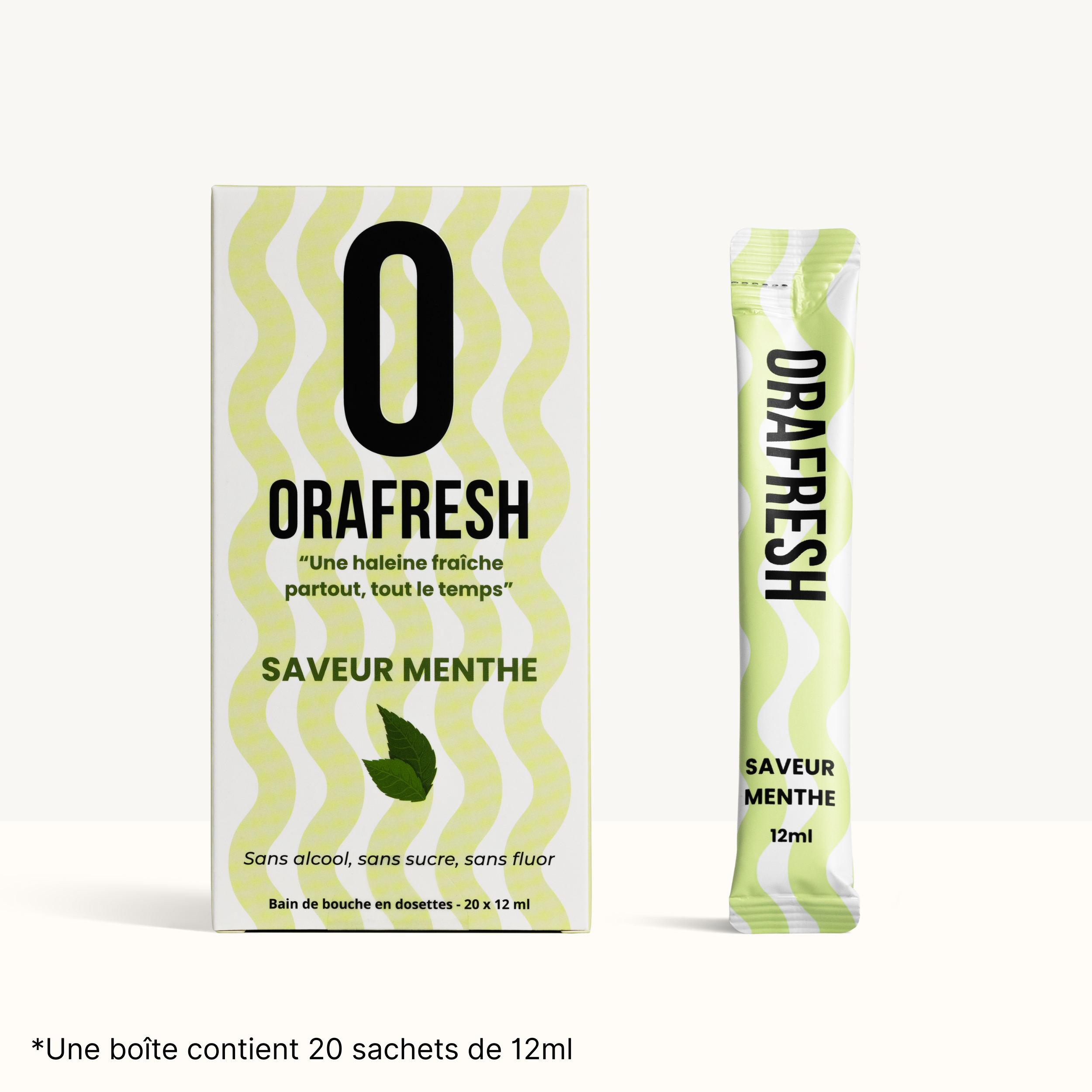 Boîte et sachet de bain de bouche saveur menthe 12 ml, formule sans alcool ni sucre.