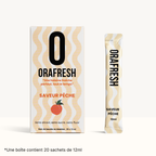Boîte et sachet de bain de bouche saveur pêche 12 ml, formule sans alcool ni sucre.