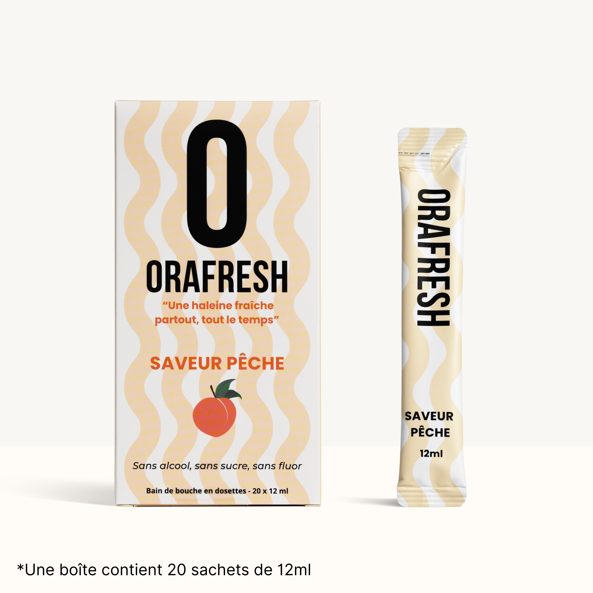 Boîte et sachet de bain de bouche saveur pêche 12 ml, formule sans alcool ni sucre.