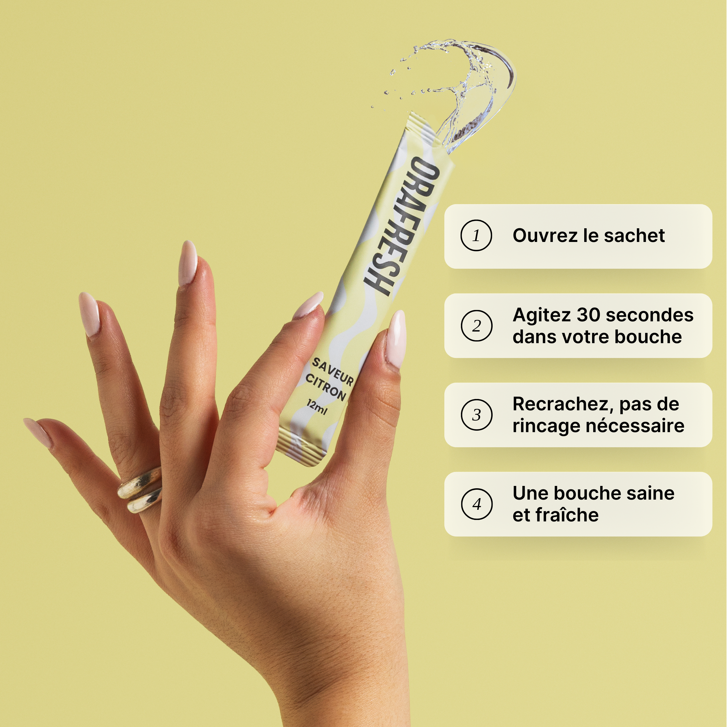 Sachet de bain de bouche citron 12 ml tenu à la main, format nomade sans alcool ni sucre.